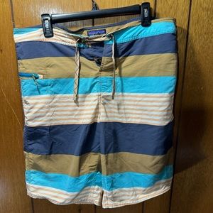 Patagonia Board Shorts Mens 35 Blue Color Block Logo Swim Trunk Hybrid